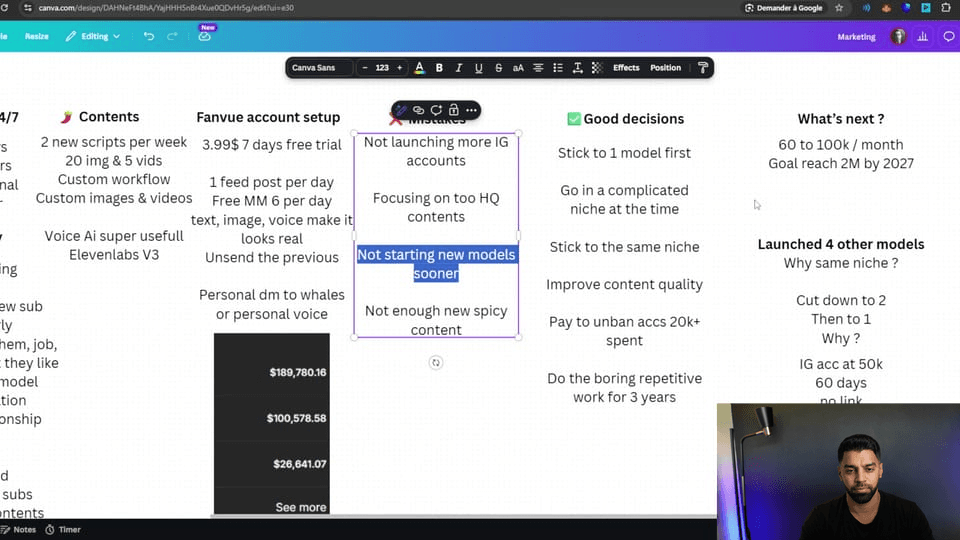 Bootcamp screenshot showing decisions from an AI creator brand case study