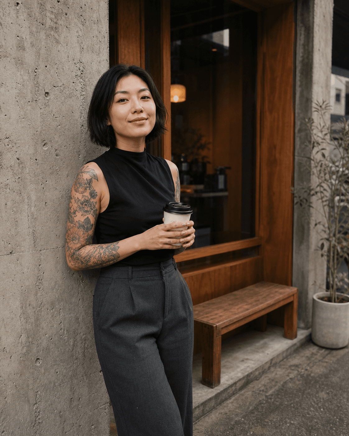 Adult AI alternative lifestyle creator outside a coffee shop