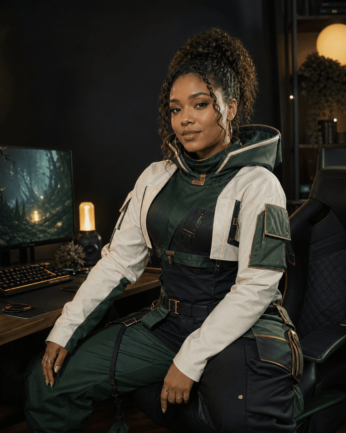 Adult AI gaming and cosplay creator at a computer setup