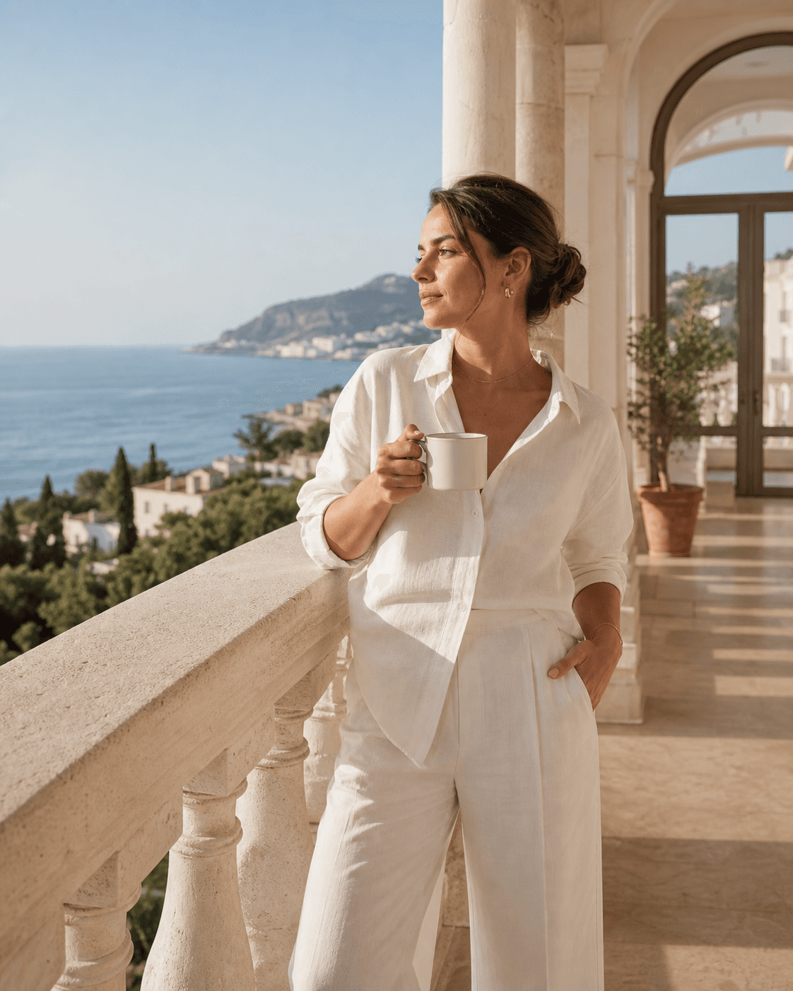 Adult AI luxury travel creator on a coastal terrace